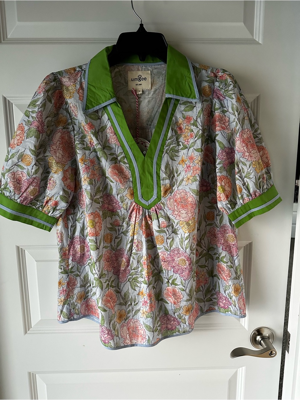 Umgee Floral Puff Sleeve Top with Lime Trim